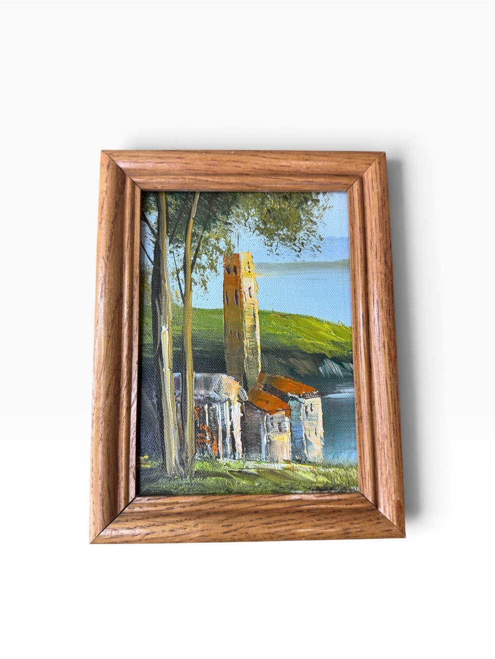 8" x 6" Vintage Original Oil Painting Framed Coastal Tower Landscape Countryside
